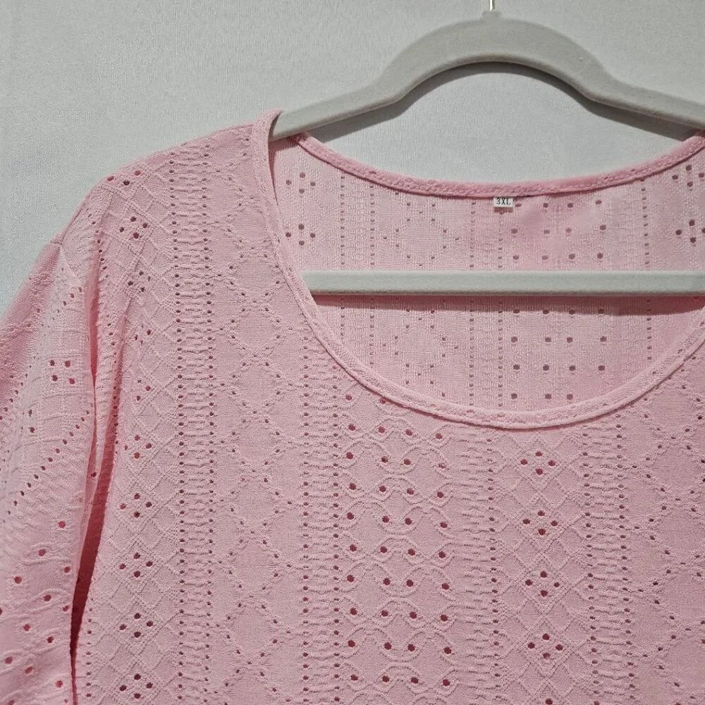 PINK EYELET KNIT LONG SLEEVE SPRING TEE TOP 3X - Picture 1 of 9